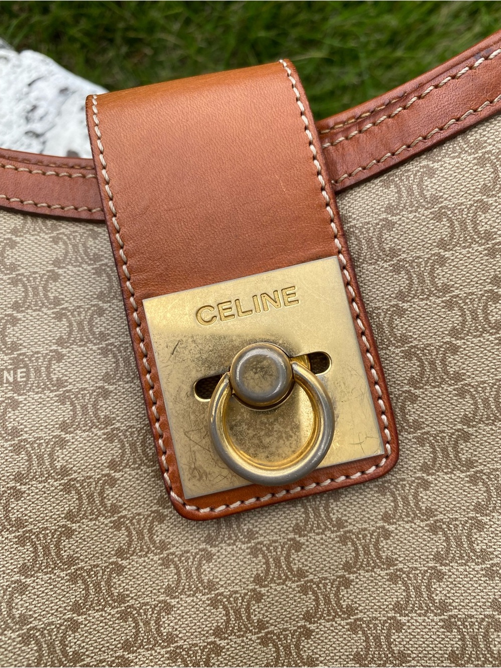 Celine Brown Leather & Beige Canvas Shoulder Bag - Picture 6 of 9